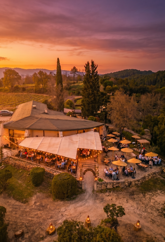 Vue aérienne au coucher du soleil — La Baie du Lac, terrasse, parasols et arche en pierre entourés de nature