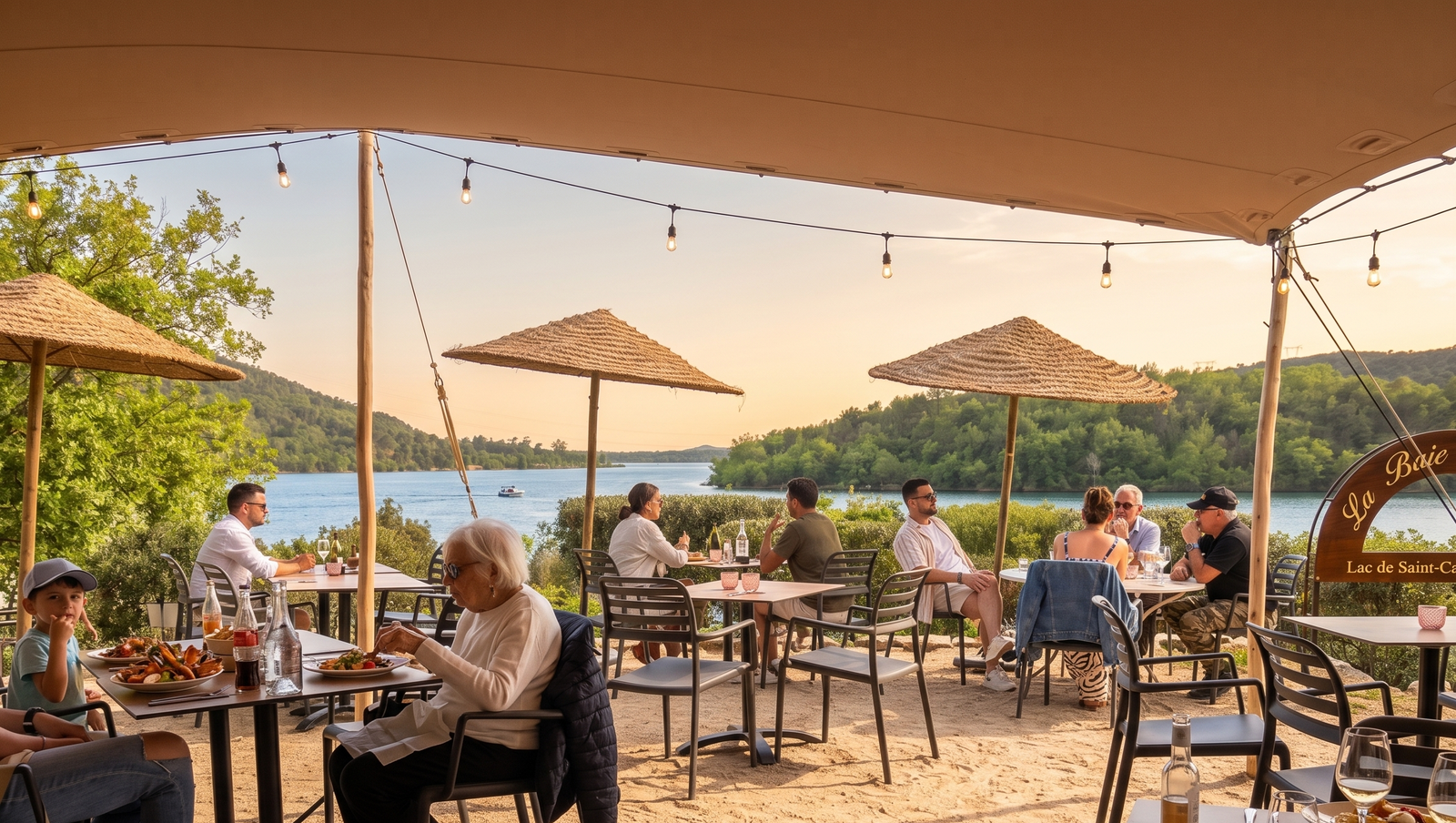 Dîner en terrasse au coucher du soleil avec vue sur le lac