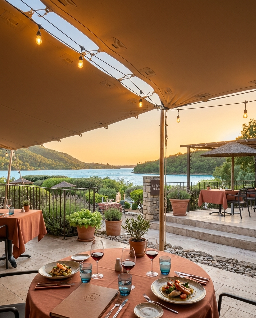 Dîner en plein air avec guirlandes et coucher de soleil